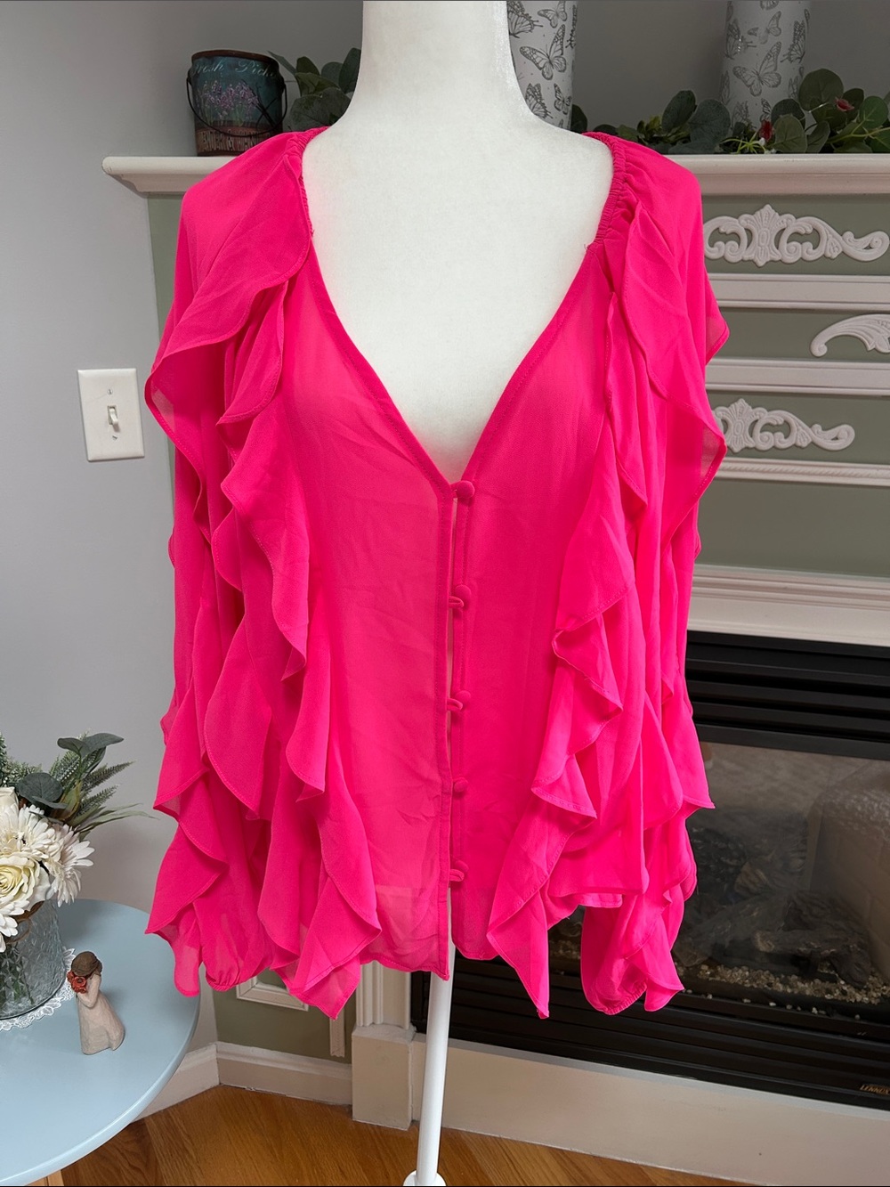 Women's Hot Pink Ruffle V-Neck Blouse